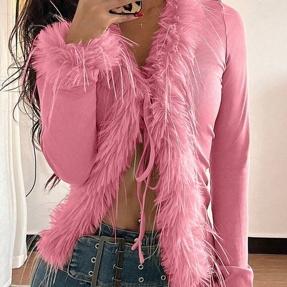 Pink Casual Women's Fringed V-Neck Knit Cardigan - Picture 3 of 4